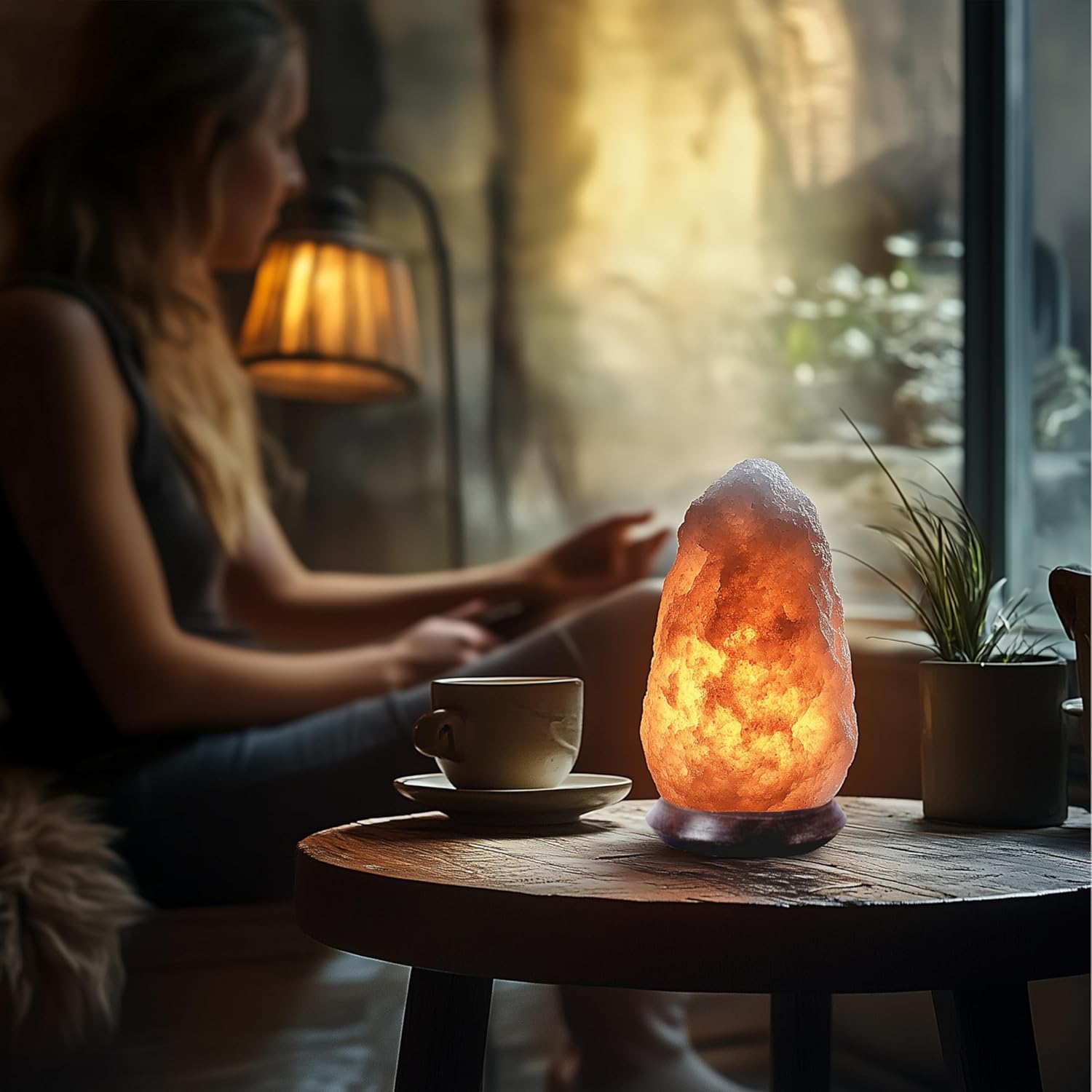HAF Rosa Salzlampe Pyramide aus echtem Kristallsalz | Salzkristalllampe in Naturform | Salzsteinlampe auf Holzsockel aus der Salt Range Punjab | Dekorative Nachttischlampe für Wellness & Meditation