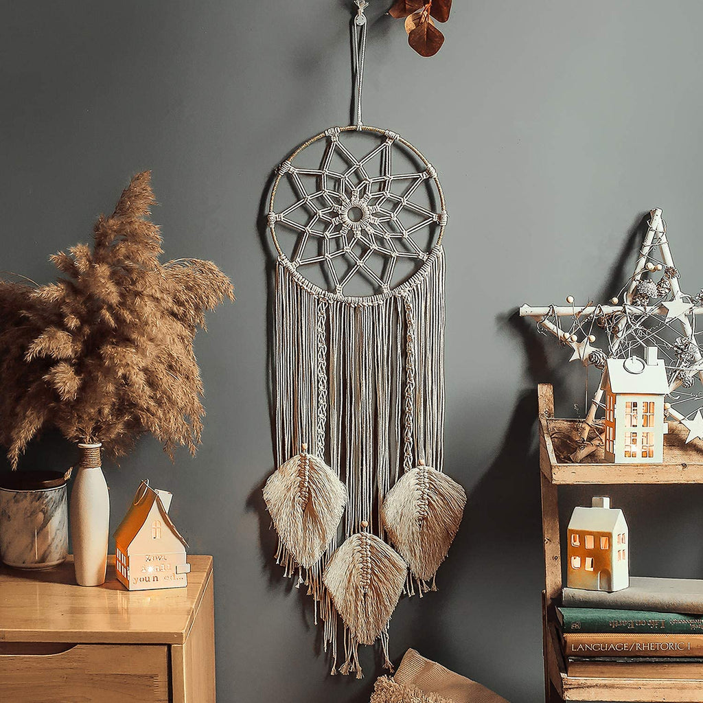 LOMOHOO Makramee Traumfänger Wandbehang Gewebte Feder Wandbehang Handgemachter Traumfänger Boho Quasten Dekoration Wohnkultur Ornament Bastelgeschenk für Schlafzimmer Wohnzimmer（kein Licht）