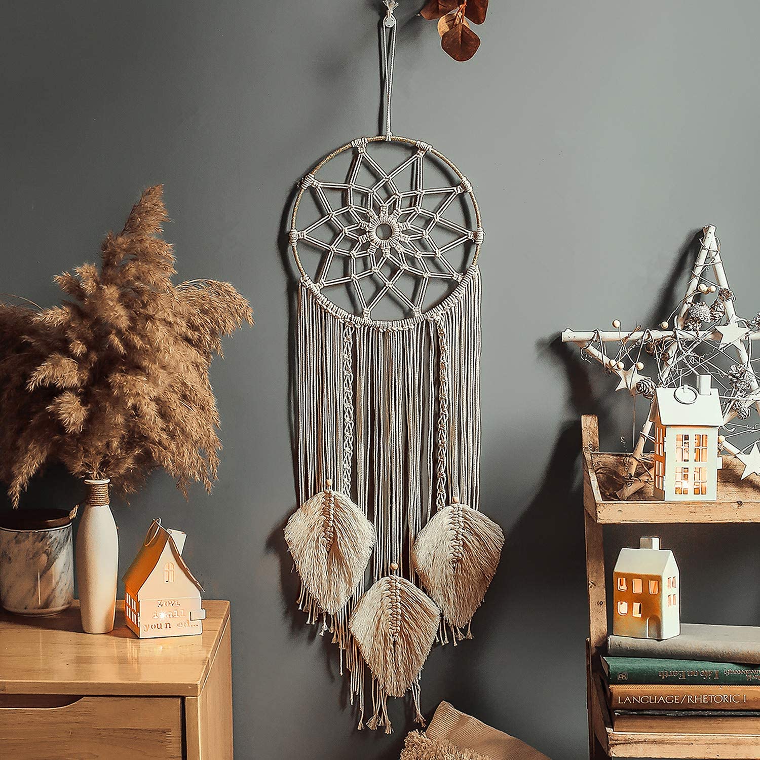 LOMOHOO Makramee Traumfänger Wandbehang Gewebte Feder Wandbehang Handgemachter Traumfänger Boho Quasten Dekoration Wohnkultur Ornament Bastelgeschenk für Schlafzimmer Wohnzimmer（kein Licht）