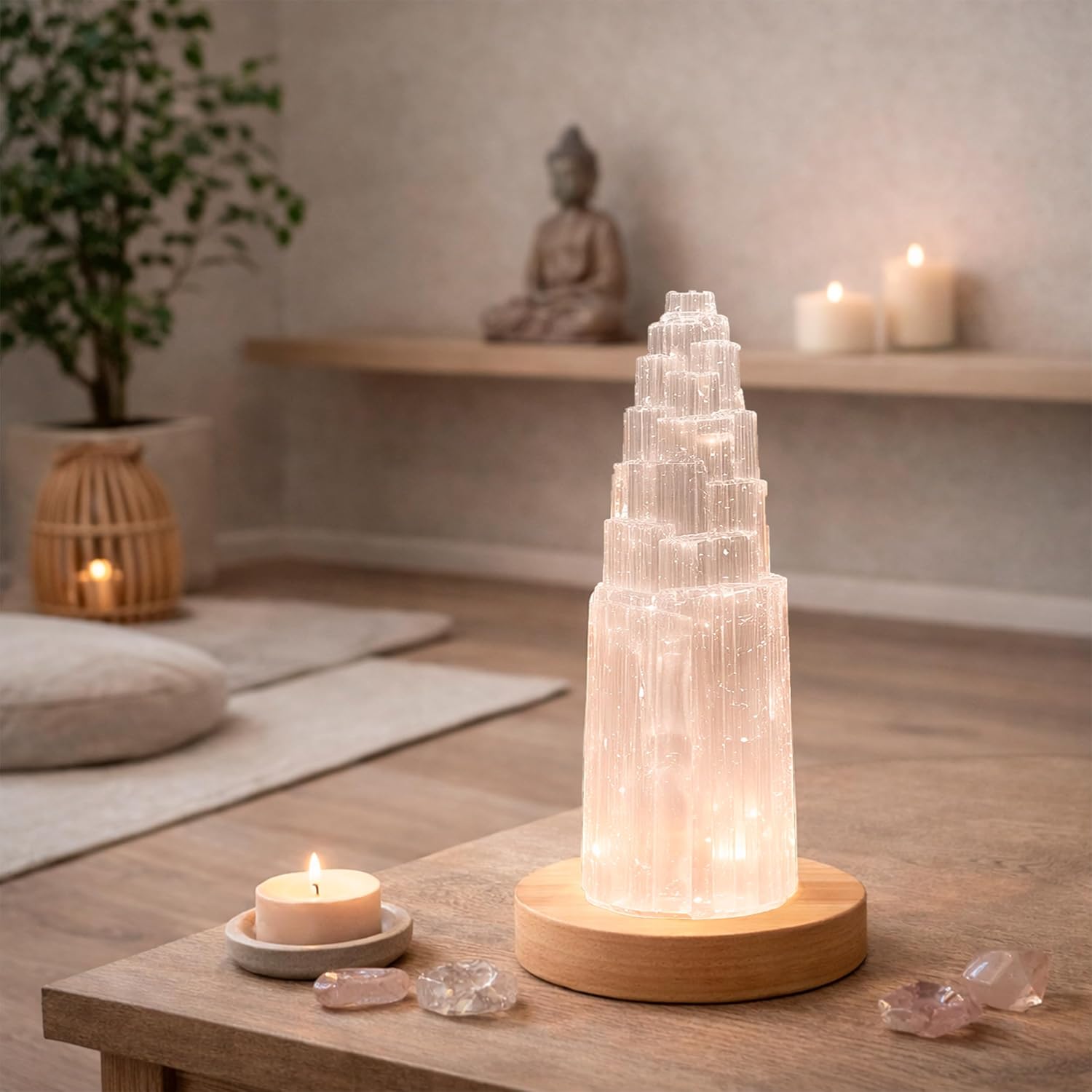 NKlaus Selenite Energy Tower 20cm - Handmade Healing Stone Pillar for Meditation, Reiki & Protection, Ideal for Room Harmonization & Spiritual Cleansing