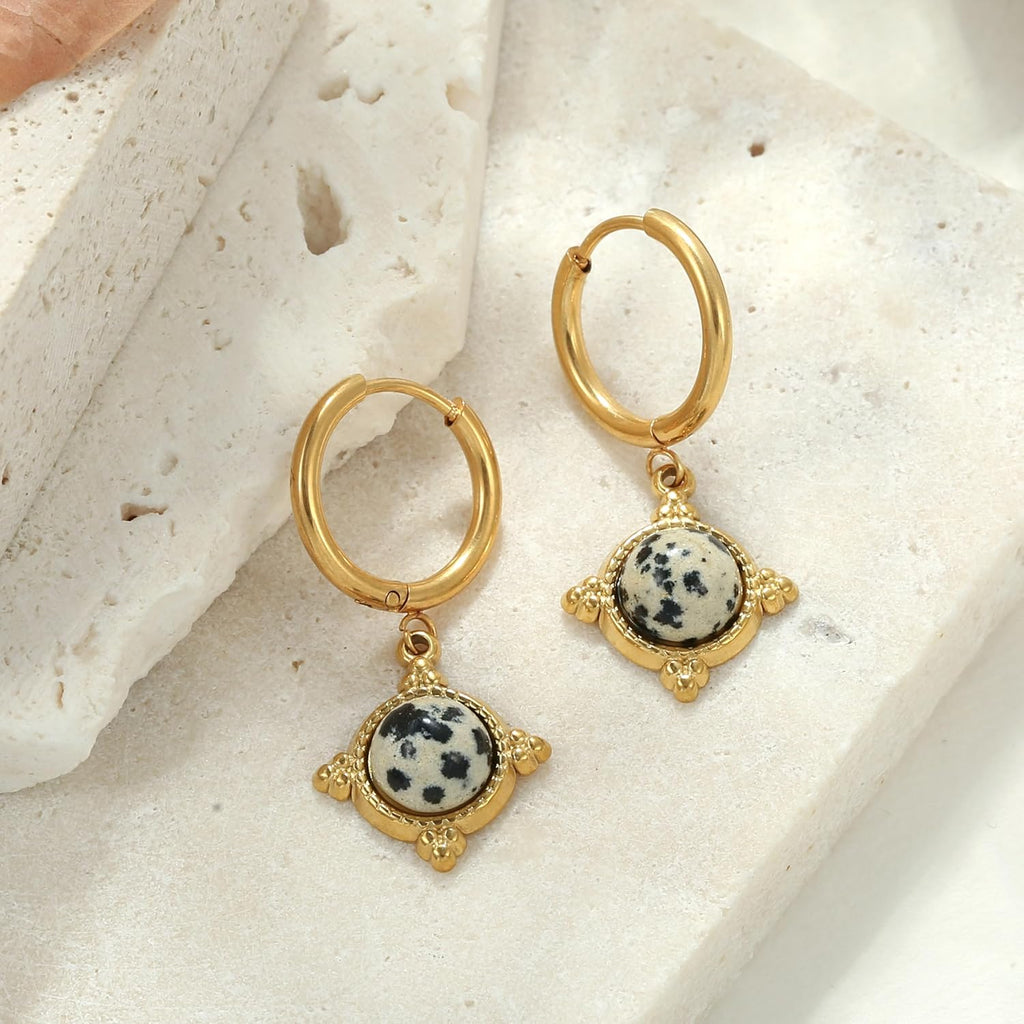 Boho Vintage Ohrringe Gold hängend Damen Creolen mit Naturstein Anhänger Hängeohrringe Klein Elegant