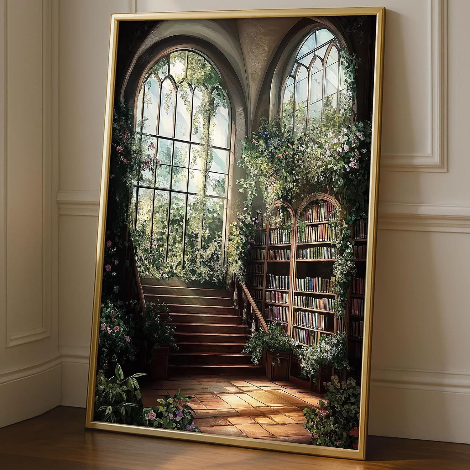 Gothic Library Wall Art Dark Academia Books Posters Moody Botanical Wildflower Wall Art Retro Green Paintings Victorian Library Prints Aesthetic Bookish Pictures for Bookstore Decor 16x24in No Frame