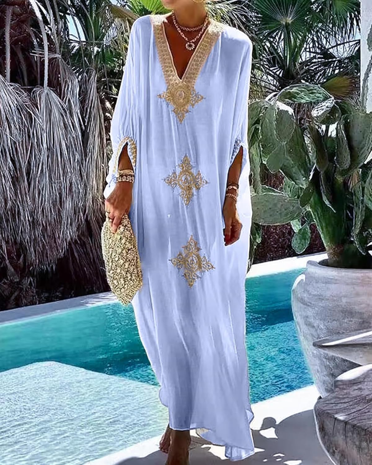 Bsubseach Gold Embroidery Long Kaftan Dresses V Neck Caftan Dress Beach Cover Ups for Women Embroidery
