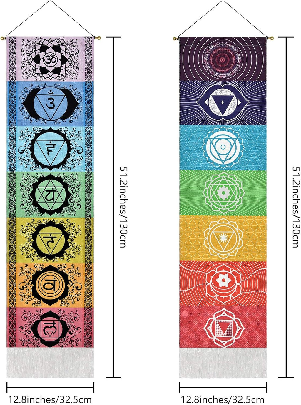 Yugarlibi Set of 2 Chakra Wall Hangings, Meditation Yoga Trippy Tapestry with Tassel, Mandala Tapestry, Wall Hangings for Bedroom, Living Room, Black and White Chakra 130 x 32.5 cm