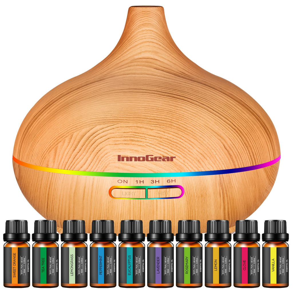 InnoGear 400ml Aromatherapy Essential Oil Diffuser 10 Oils Gift Set, Dark | Cool Mist Humidifier, Essential Oils, Ultrasonic, 4 Timers, Run up to 12hrs, Large Room, Home, Automatic Shut-Off, Quiet