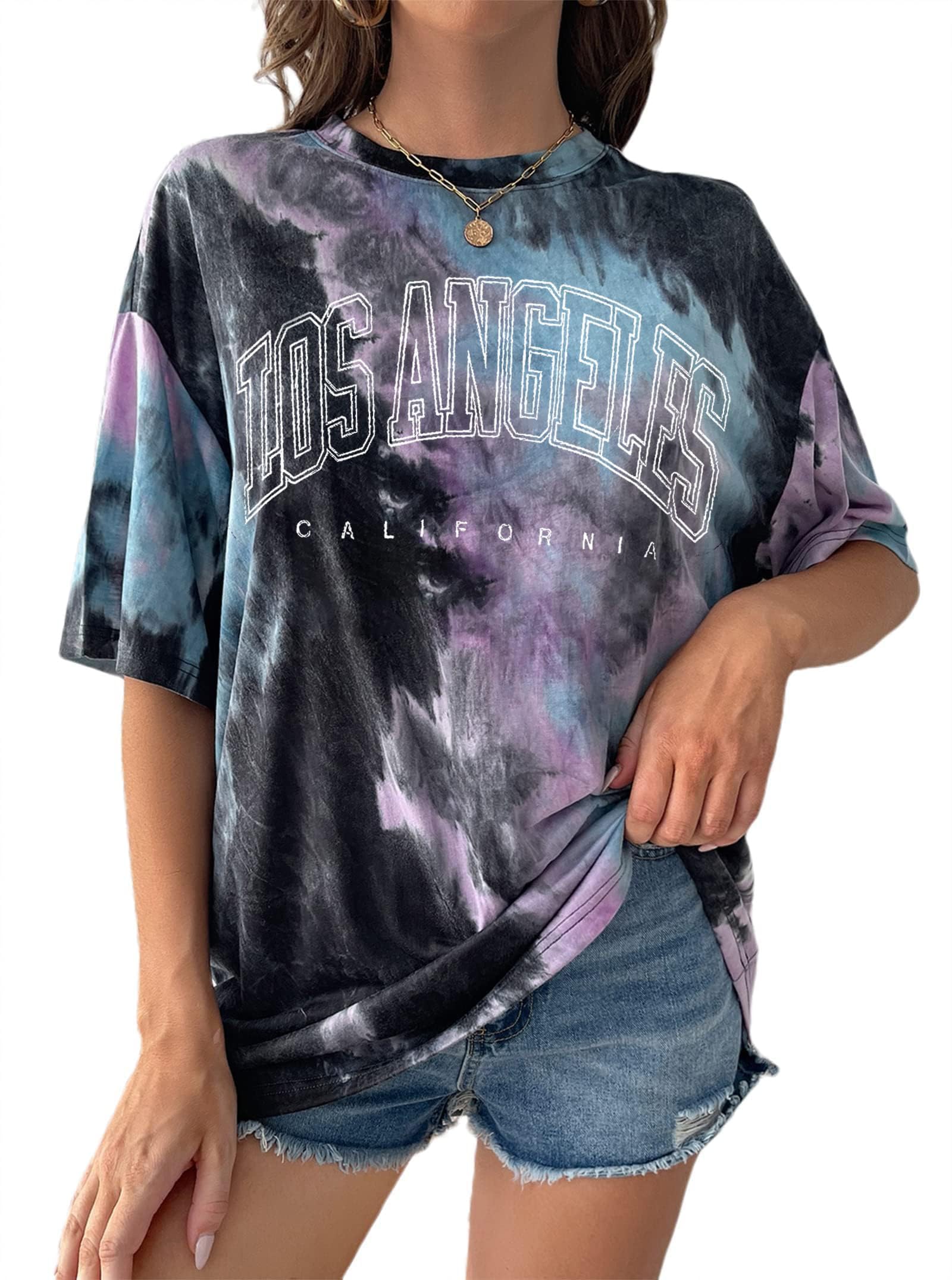 Remidoo Women's Casual Oversized T Shirt Short Sleeve Graphic Tee Letter Tie Dye Shirts