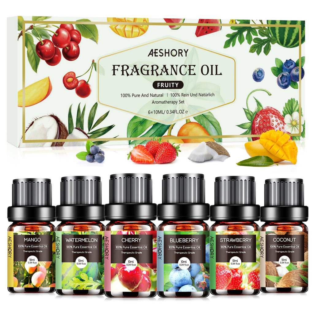 AESHORY Essential Oils Set for Diffuser 6 x 10 ml, 100% Natural Aromatherapy Fragrance Oil, Aroma Oil Gift Set for Soap, Candles, Humidifier, Spa - Lavender, Mint, Tea Tree, Sweet Orange, Eucalyptus