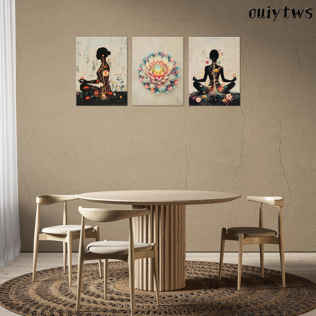 Yoga and Flower themed Meditation Wall Art Set of 3, Spiritual Meditation Women's Match with Flower and Lotus Patterns Canvas Poster Prints Painting,for Yoga Meditation Room,Bedroom,Framed 12X16in