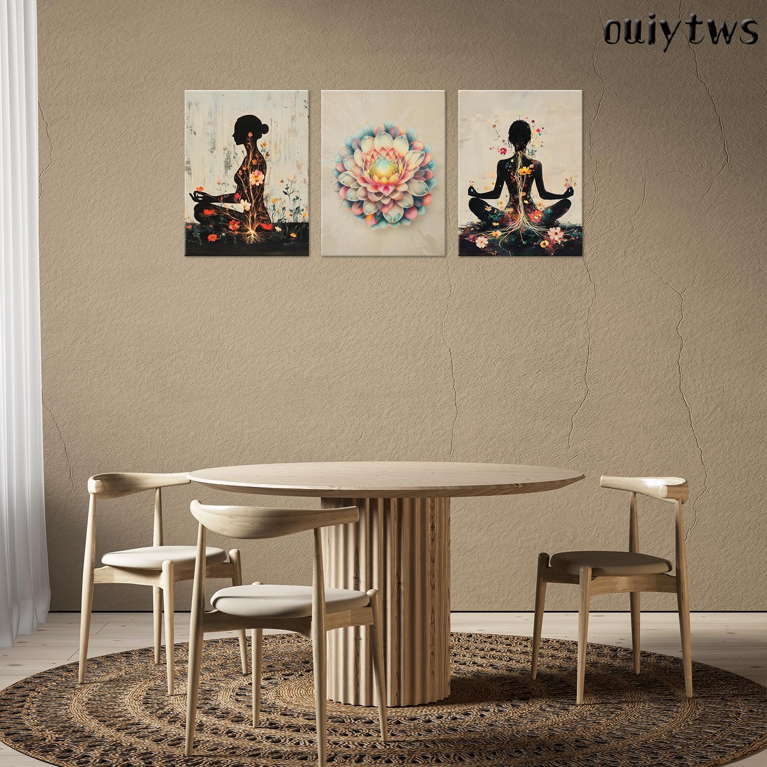 Yoga and Flower themed Meditation Wall Art Set of 3, Spiritual Meditation Women's Match with Flower and Lotus Patterns Canvas Poster Prints Painting,for Yoga Meditation Room,Bedroom,Framed 12X16in