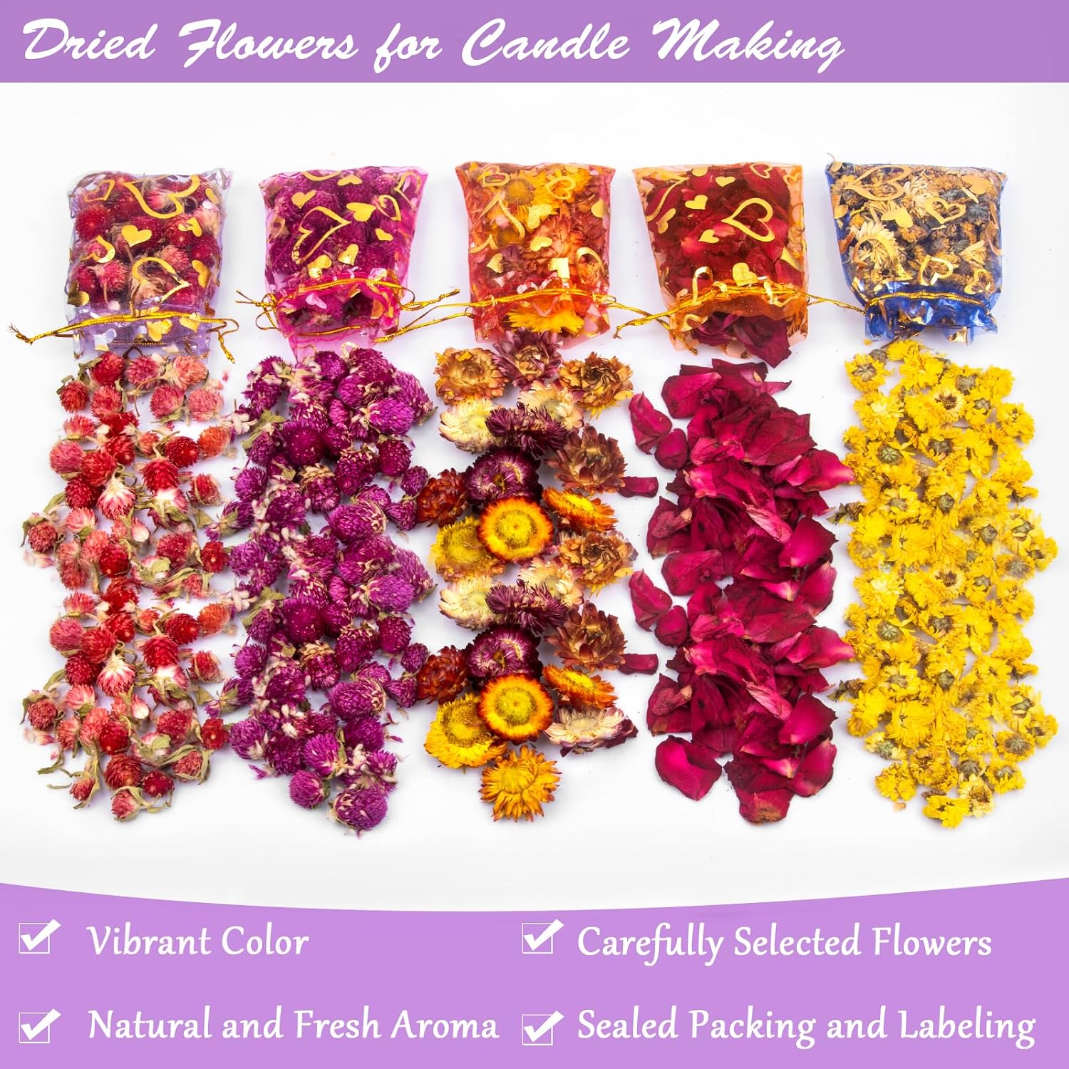 Dried Herbs and Flowers for Candle Soap Making, Lavender Rose for DIY Craft | 50 Bags Witchcraft Herbs for Altar Decor, Pagan Ritual, Bulk Botanical Jasmine Peony Rosemary Ideal for Resin Pressed Flowers