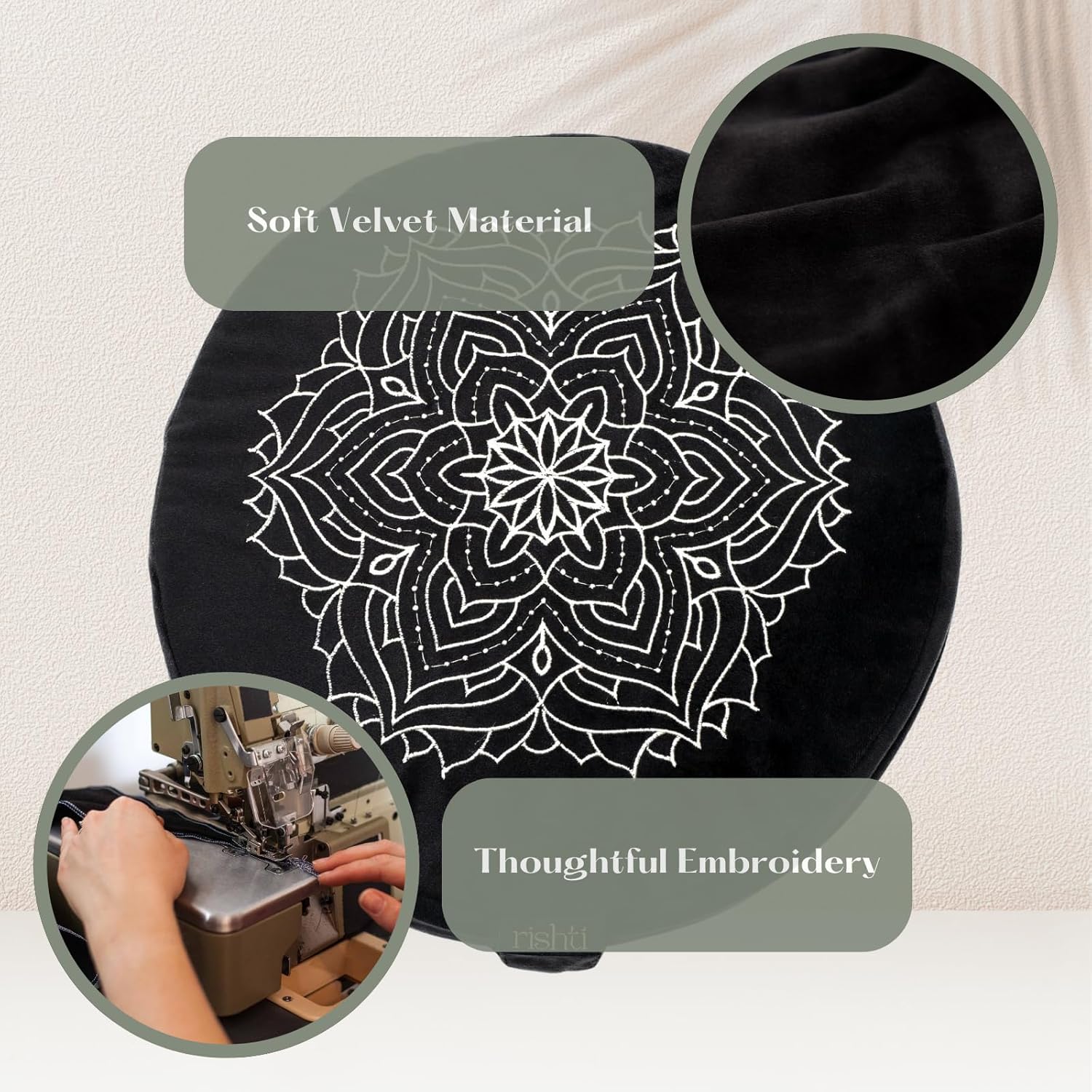 Black Velvet Embroidered Meditation Cushion - Buckwheat Filled with Lavender and Removable Foam Pad - Ideal for Yoga, Stress Relief, Mindfulness, and Holistic Living