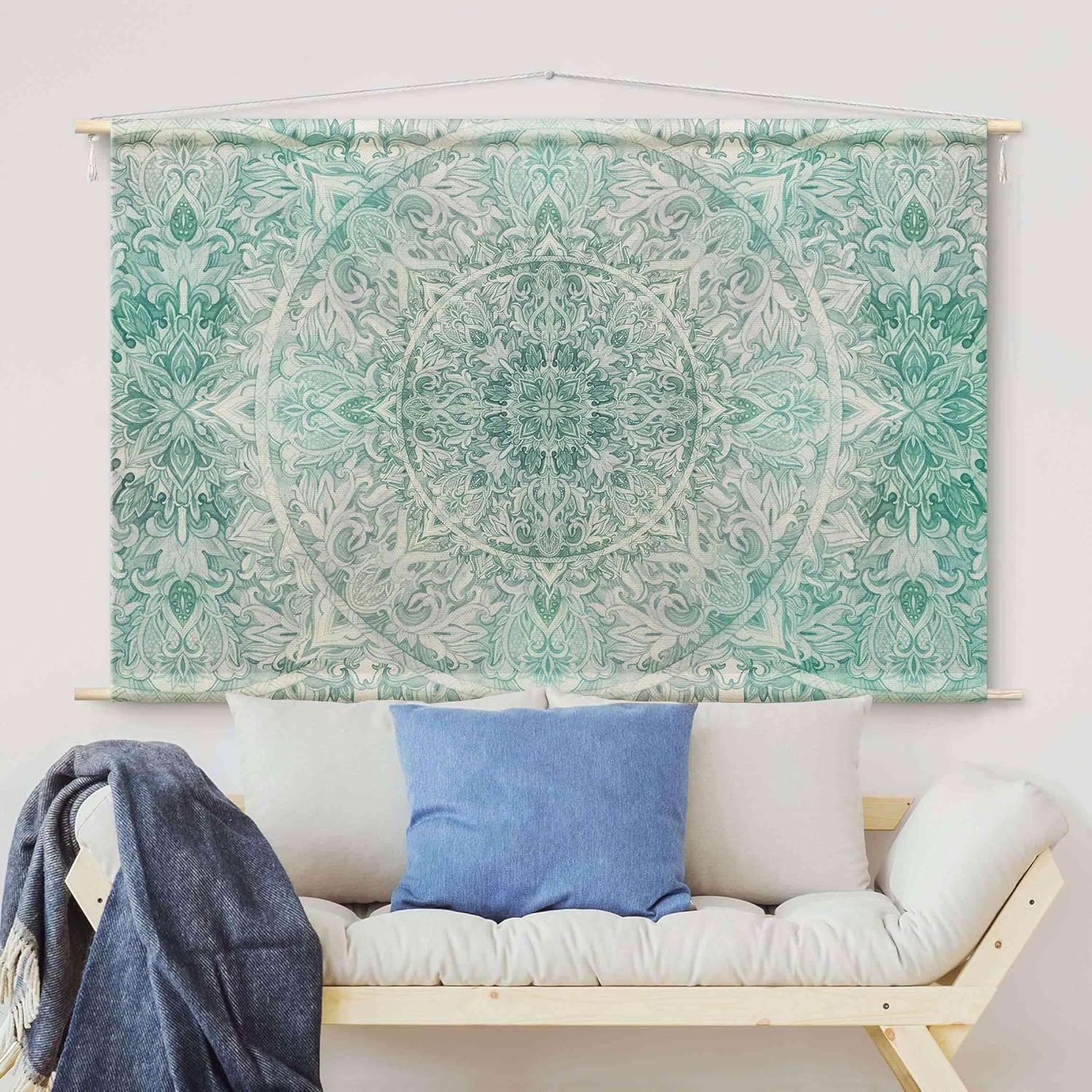 micasia Wandteppich Spirituell Stoffbild inkl. Holzstäbe & Seile Wanddeko - Made in Germany - Mandala Aquarell türkis Wohnzimmer Schlafzimmer Wandbehang 1593 (90x60cm)