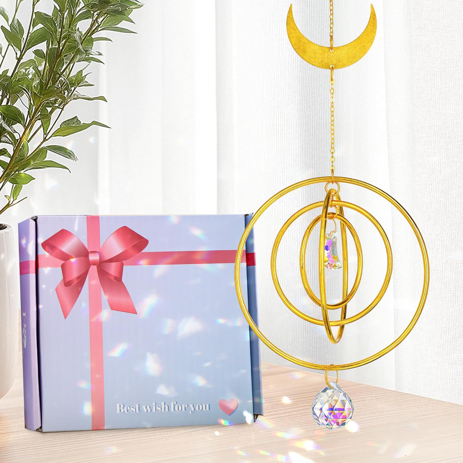 H&D HYALINE & DORA 27,9 cm Sonnenfänger Mond Sonnenfänger Kristall Windspiel zum Aufhängen von Fenstern Kristalle mit Glaskugelprismen für Zuhause, Hochzeit, Garten Dekor