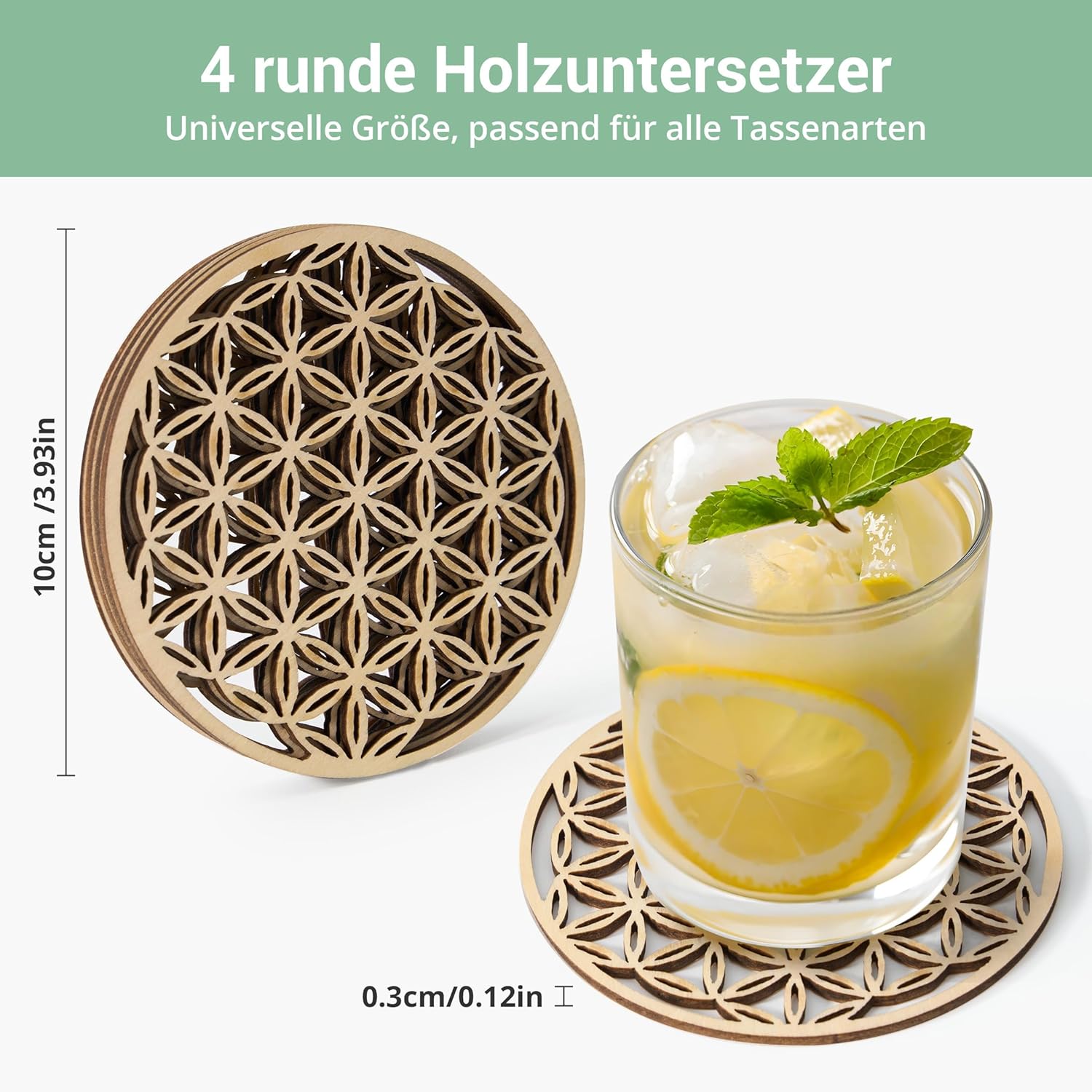 Cheerhom Set of 4 Flower of Life Wooden Coasters Round Coasters Glasses for Drinks Bar Cups Glass 10cm