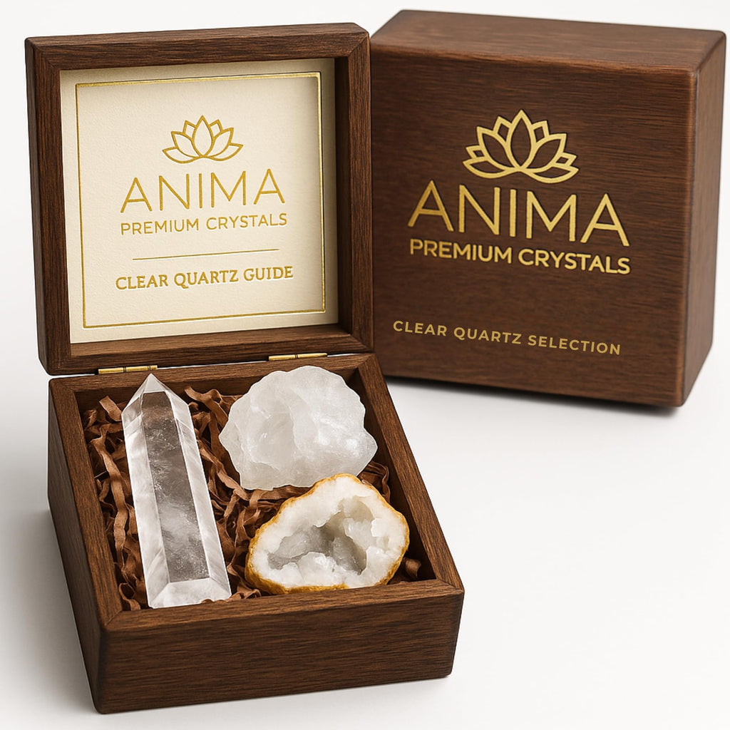 Anima Premium Amethyst Stone Set - Amethyst Tower, Cluster and Raw Crystal - Large Crystals and Healing Stones in Wooden Box - Ideal Spiritual Gift for Women for Meditation and Restful Sleep