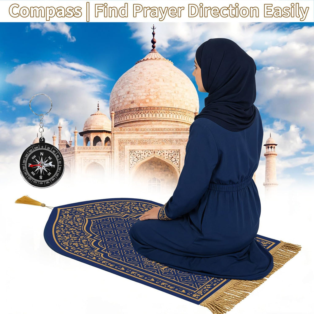 Prayer Mat Ramadan Gifts - Blue Prayer Rug Islamic Praying Tasbih Beads Compass, Muslim Praying Carpet for Men Women Eid Salah Meditation Namaz, Gifts for Eid Ramadan