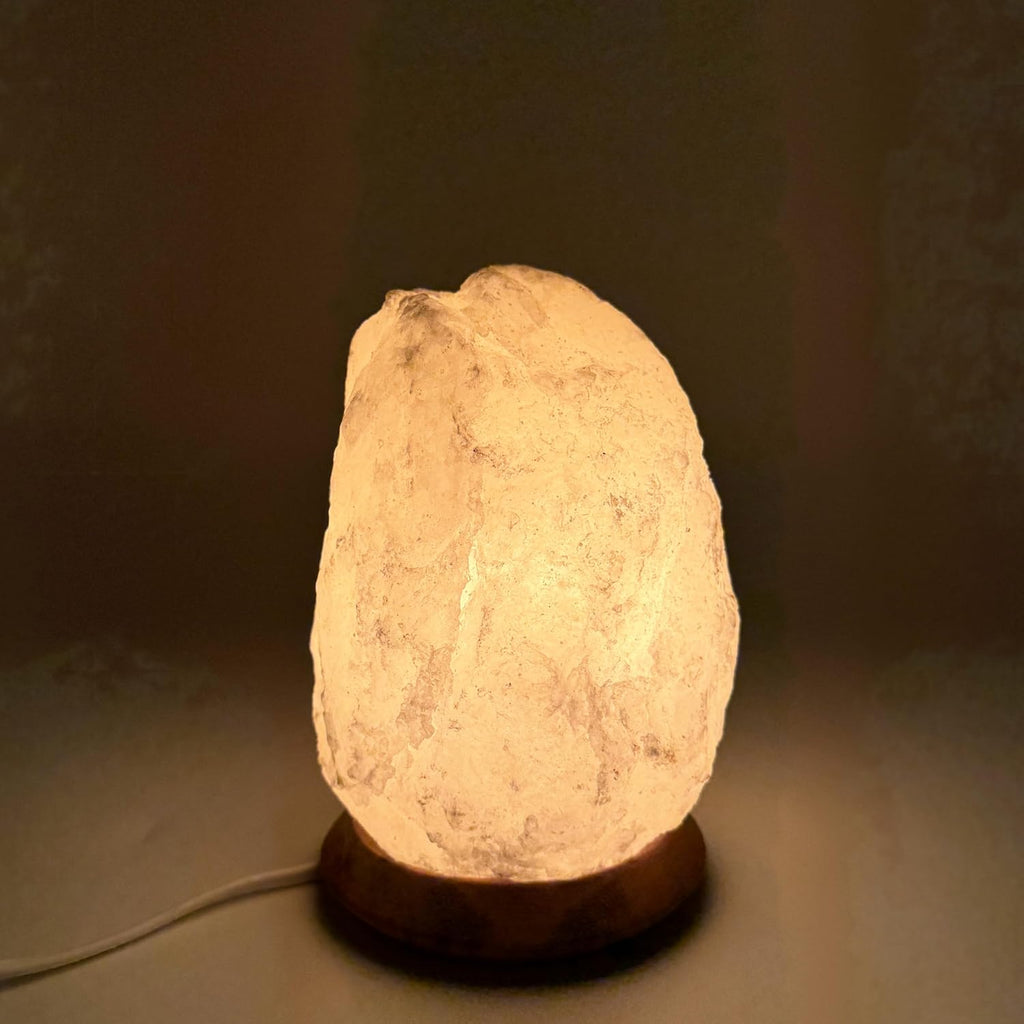 HAF Weiße Salzlampe aus echtem Kristallsalz | 2-3 kg Salzkristalllampe in Naturform | Salzsteinlampe auf Holzsockel aus der Salt Range Punjab | Dekorative Nachttischlampe für Wellness & Meditation