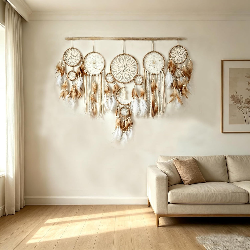 5 Pack Moon Phase Dreamcatcher Set Boho Wall Decor, Boho Macrame Wall Hanging Dream Catchers, for Home, Bedroom, Living Room, Witchy Gifts (Hemp Rope)