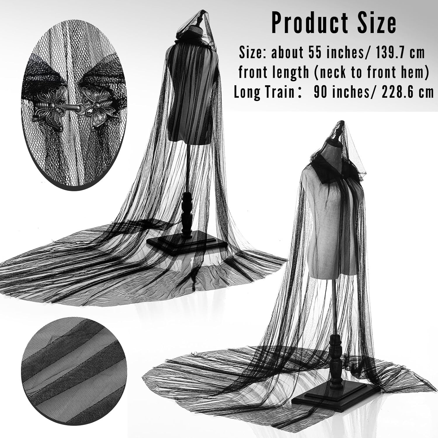 Hercicy Halloween Lace Cape Full Length Hooded Cloak Gothic Witch Sheer Cape for Cosplay Vampire Costume Wedding