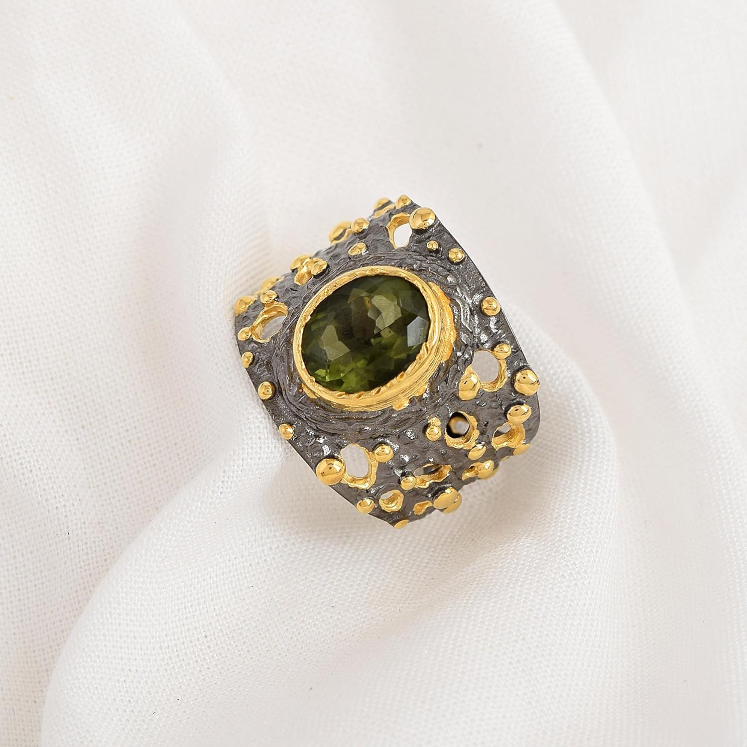 Stapelbarer Moldavit-Lünettenring, oval, grüner facettierter Stein, 10 x 8 mm, handgefertigt, Statement, stapelbar, Modeschmuck, Geschenk für Damen und Herren, U1/2, 63 (20,10)