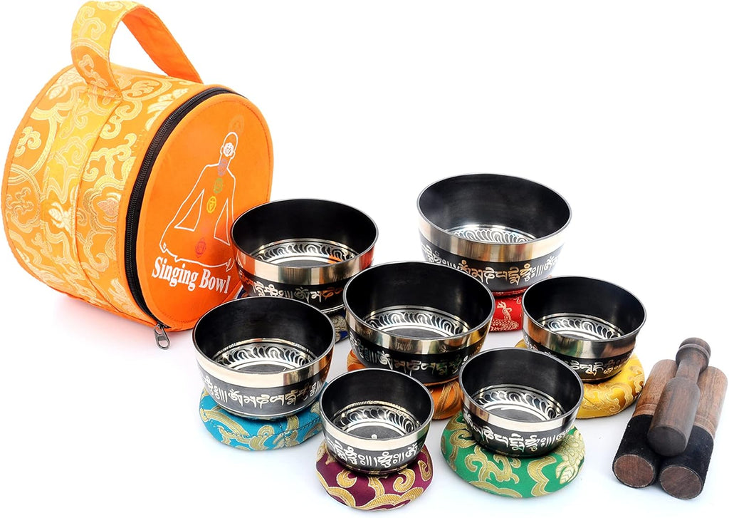 THE NEPAL Klangschalen-Sets von 7 Handgefertigte tibetische Chakra-Heilklangschale für Meditation, Klang, Frieden, Achtsamkeit, Yoga, sieben Chakra-Schalen