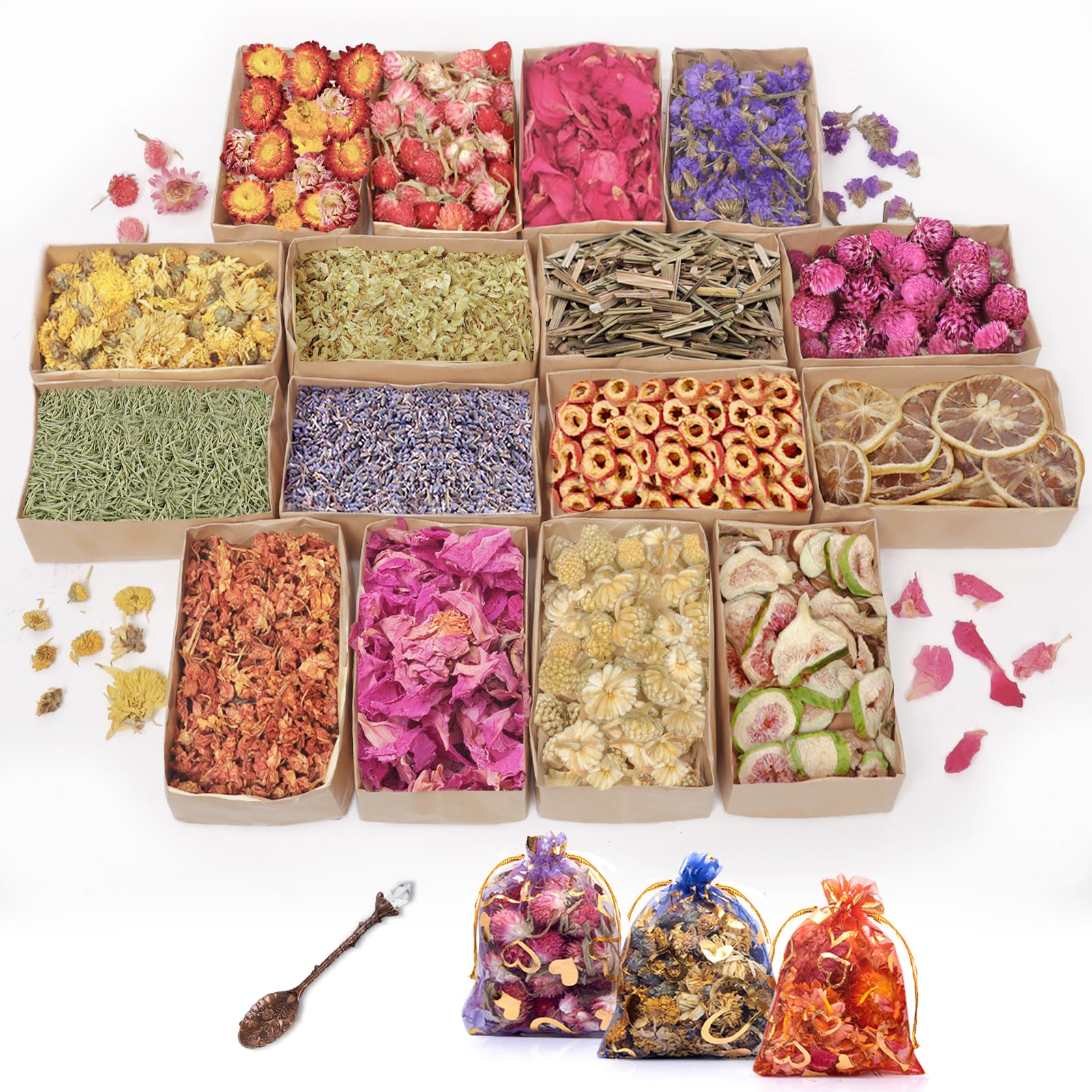 Dried Herbs and Flowers for Candle Soap Making, Lavender Rose for DIY Craft | 50 Bags Witchcraft Herbs for Altar Decor, Pagan Ritual, Bulk Botanical Jasmine Peony Rosemary Ideal for Resin Pressed Flowers