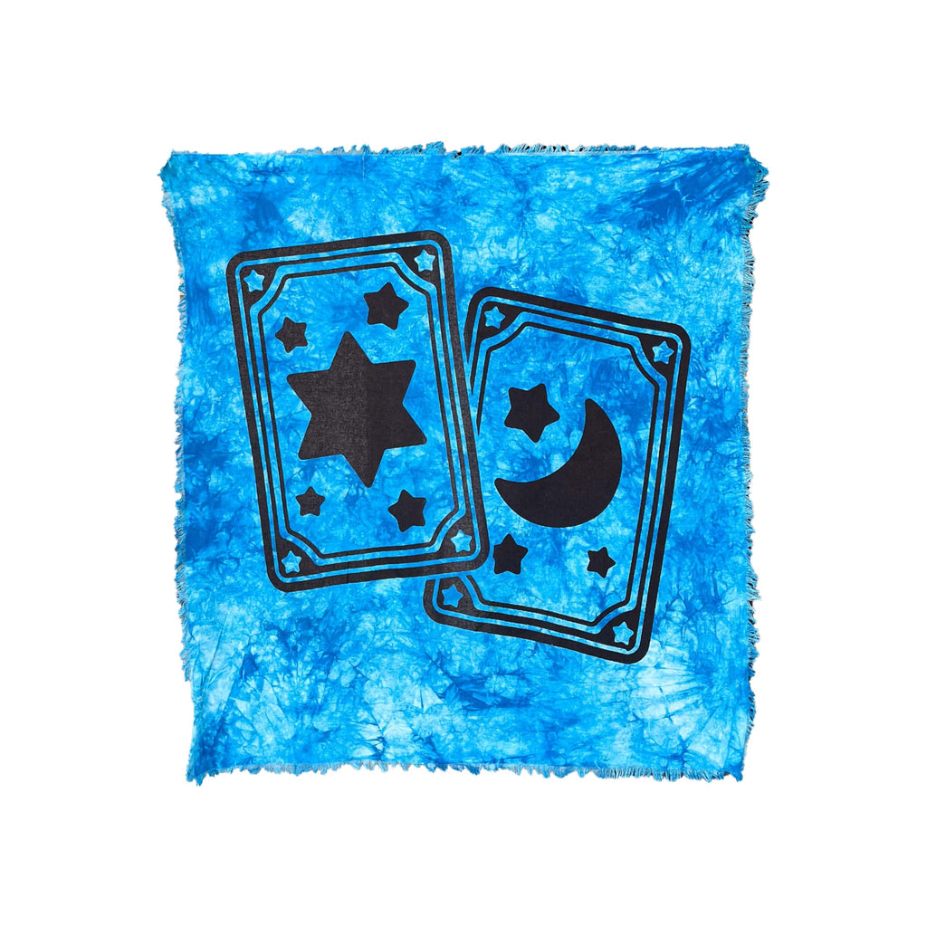 THE ART BOX Altar-Tischdecke, Tarot-Matte, Hexerei-Zubehör – 91,4 x 91,4 cm, quadratisches Alter, Wicca, spirituelles, himmlisches Alter, heidnisches Tuch mit Fransen (Stern-Mond-Karten, Blau)
