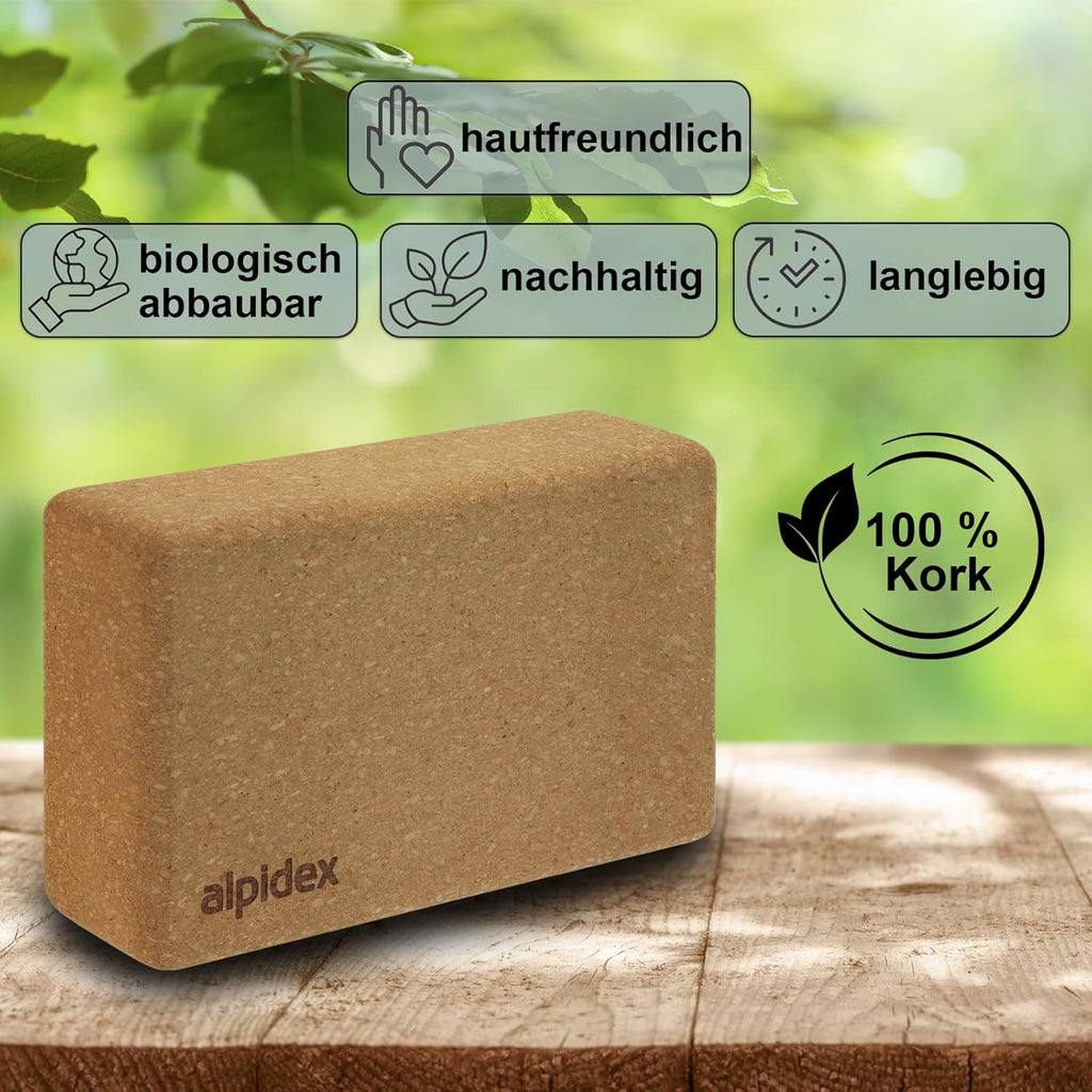 ALPIDEX Yogablock 2er oder 4er Set inkl. E-Book mit 100 Übungen Ökologisch Nachhaltig Naturkork aus Portugal Korkblock Yoga Pilates | 7 Jahre Garantie auf Material*