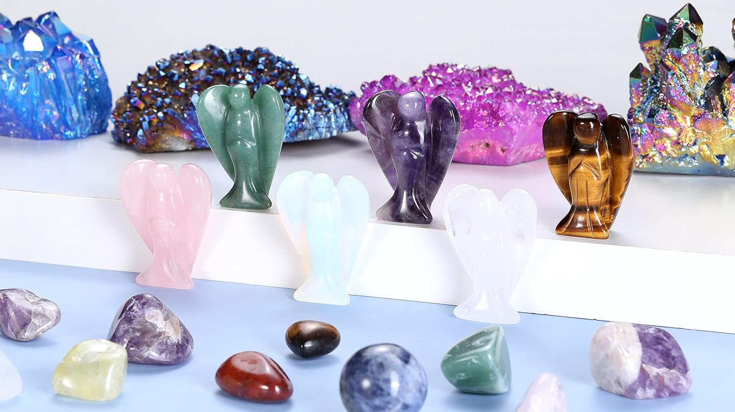 CrystalTears 4 pcs Engel Figuren Edelsteine Engel Deko Set 4cm Schutzengel zum Mitnehmen Talisman Sammlerfiguren(Rosenquarz+ Tigeraugen+ grüner Aventurin+Bergkristall)