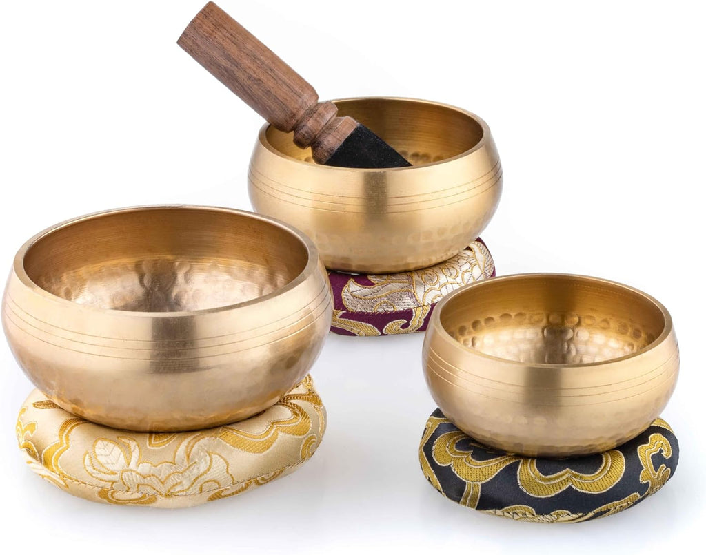 Klangschalen 3 Stück mit Klöppel und Kissen - Meditation Singing Bowl Set 8 bis 11 cm Durchmesser
