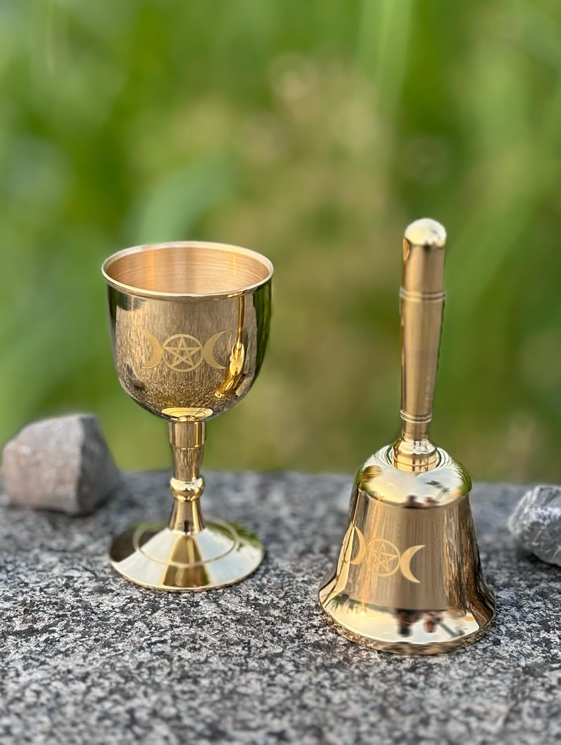 Mini Brass Altar Bell and Altarchalice, Triple Moon Goddess and Pentagram Wiccan Accessories and Tools, Altar Ritual Kit