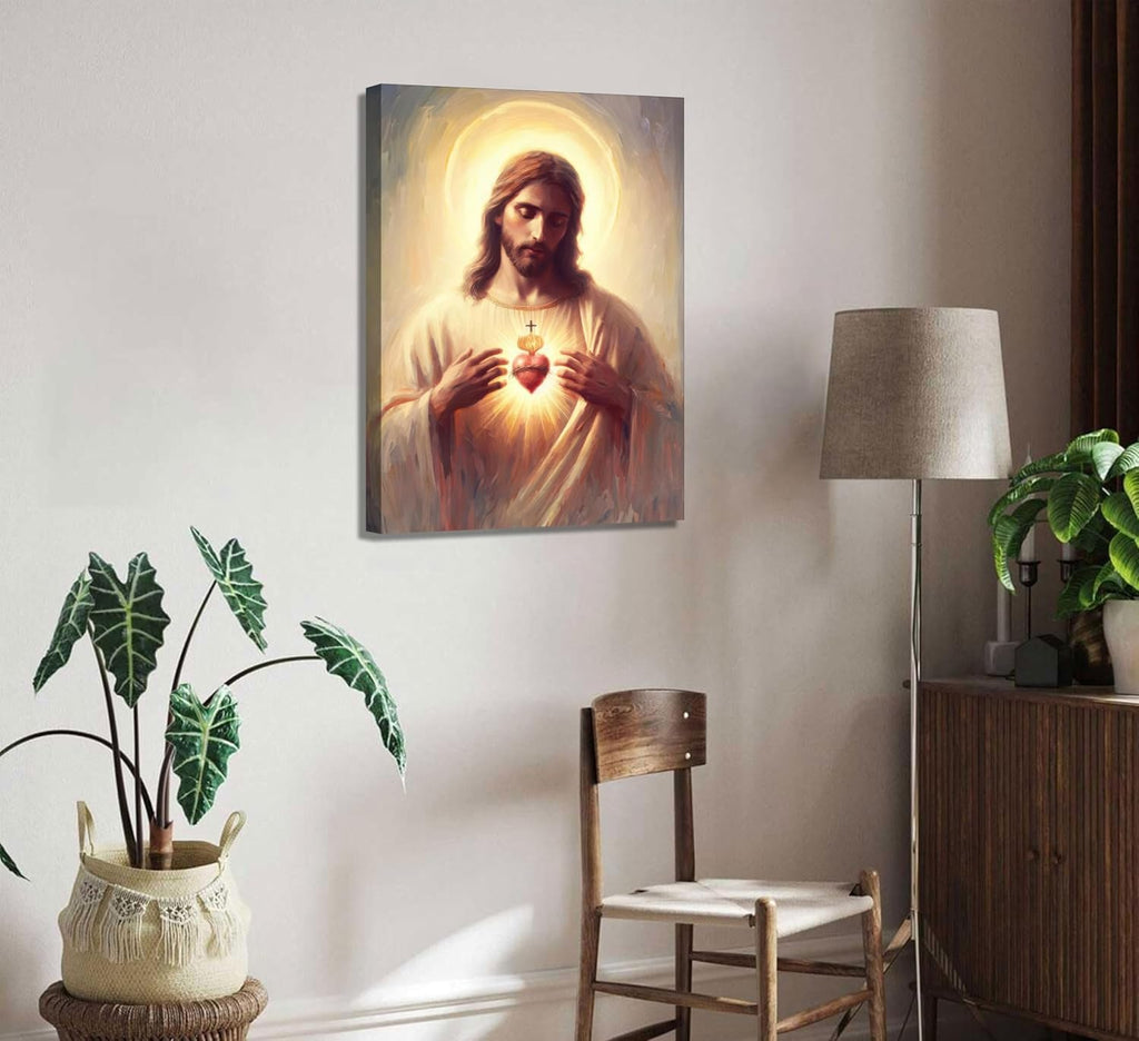 Jesus Sacred Heart Canvas Wall Art Painting Christian Poster Print Divine Mercy Picture Religious Spiritual Wall Decor for Bedroom Living Room 16x24in Framed