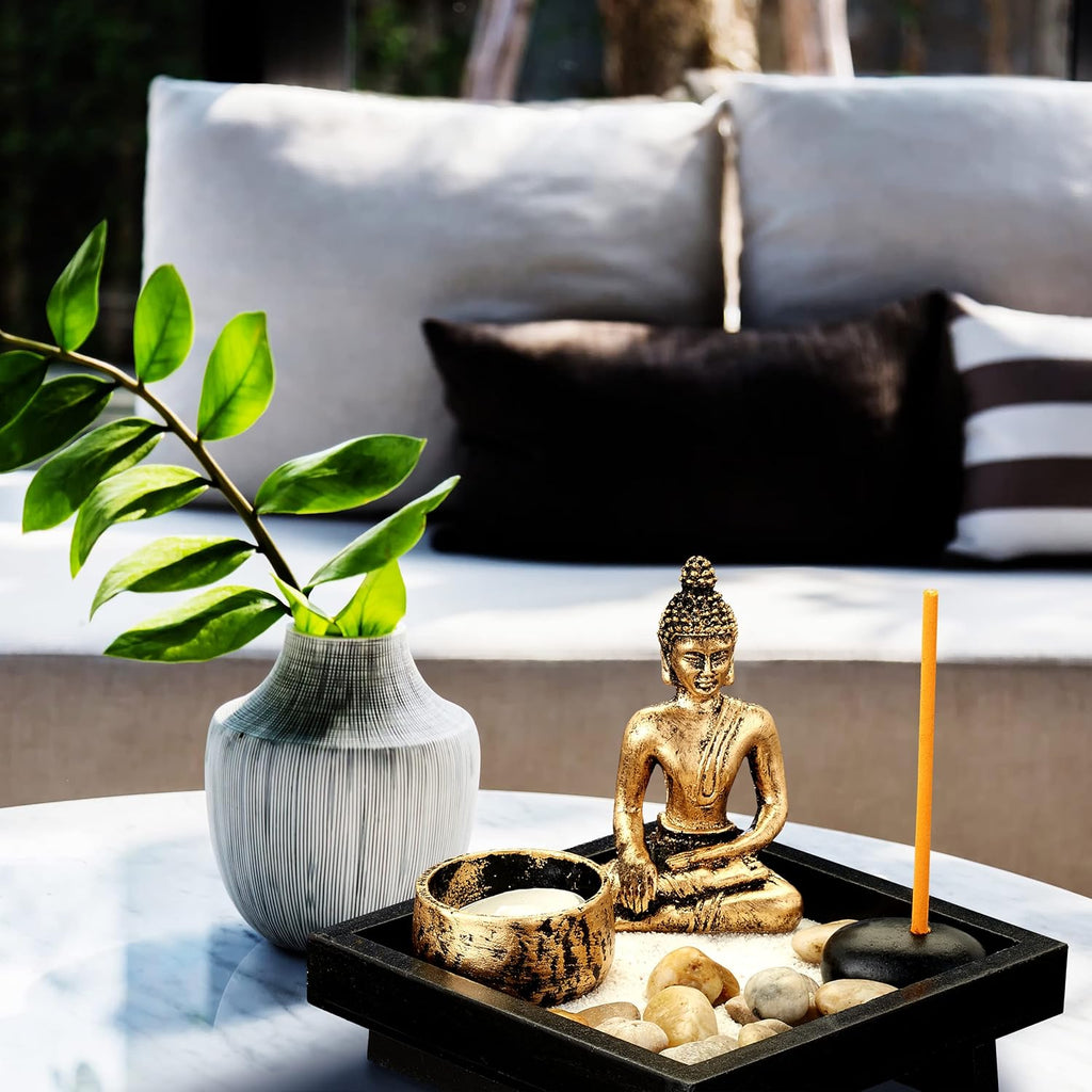 Relaxdays Zen Garten, mit Buddha, Steinen, Sand, Räucherstäbchen & Teelichthalter, Entspannung, Feng Shui Deko, schwarz