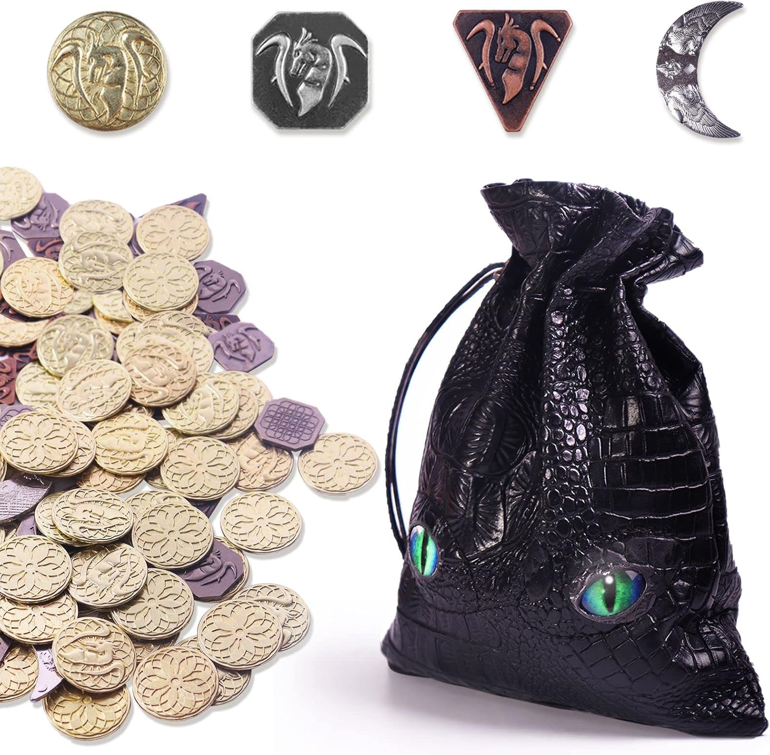 Byhoo 145pcs Metal DND Coins & Leather Case, Contains 60 Gold Coins, 40 Silver Coins, 40 Copper Coins and 5 Platinum Coins, Token with Glow in The Night Eyes Bag for RPG Tablelap Games