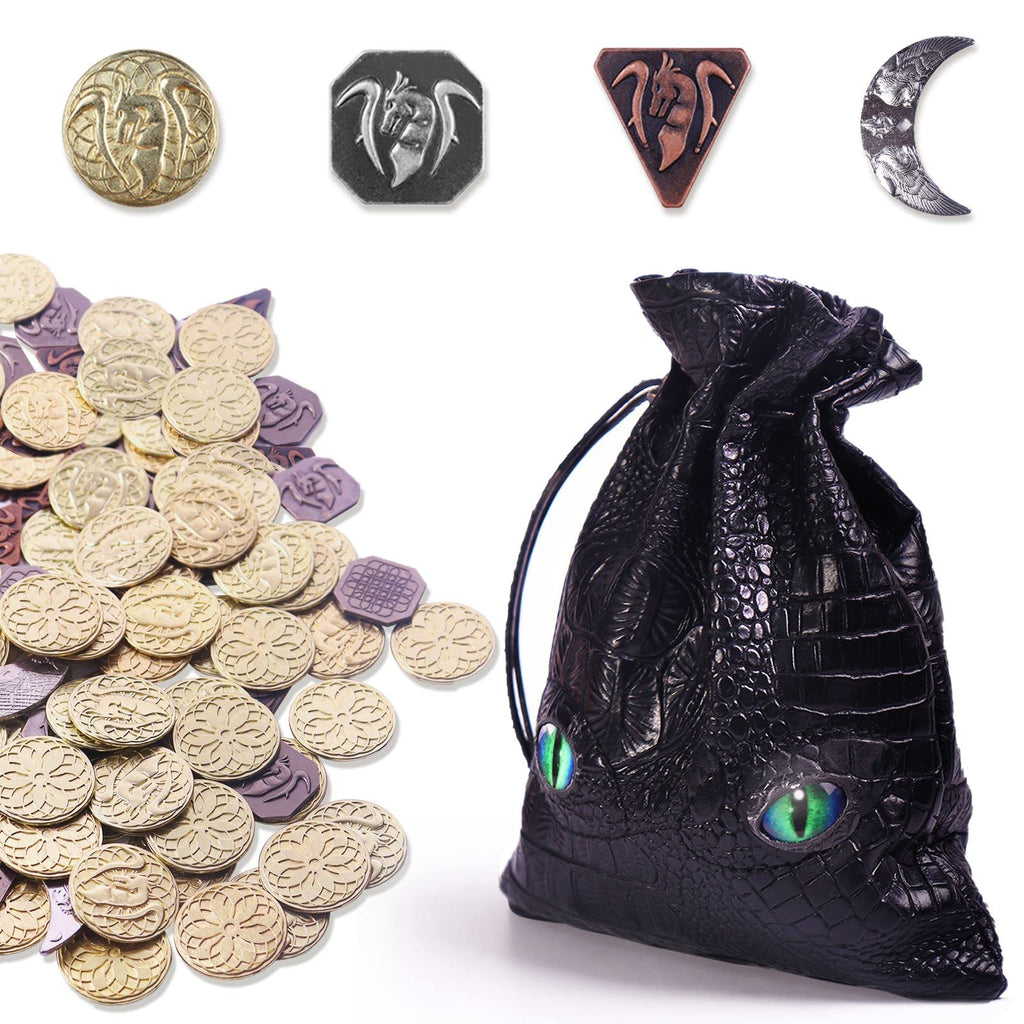 Byhoo 145pcs Metal DND Coins & Leather Case, Contains 60 Gold Coins, 40 Silver Coins, 40 Copper Coins and 5 Platinum Coins, Token with Glow in The Night Eyes Bag for RPG Tablelap Games