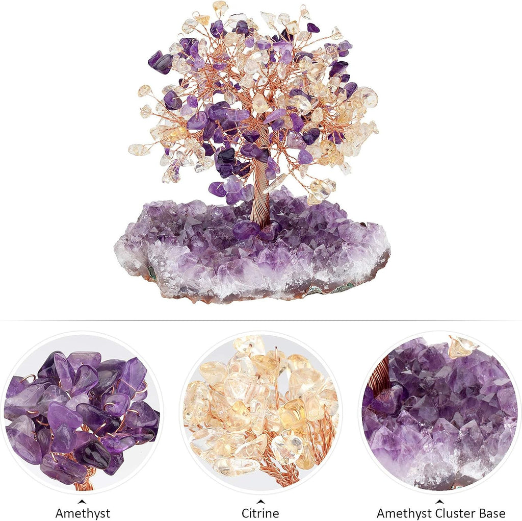 KYEYGWO Amethyst & Citrine Reiki Heilung Kristallbaum auf Natürlichen Amethyst Drusensegment Rohstück Base, Stein Geldbaum Feng Shui Bonsai Baum Figuren Ornament Haus Deko für Glück, Reichtum