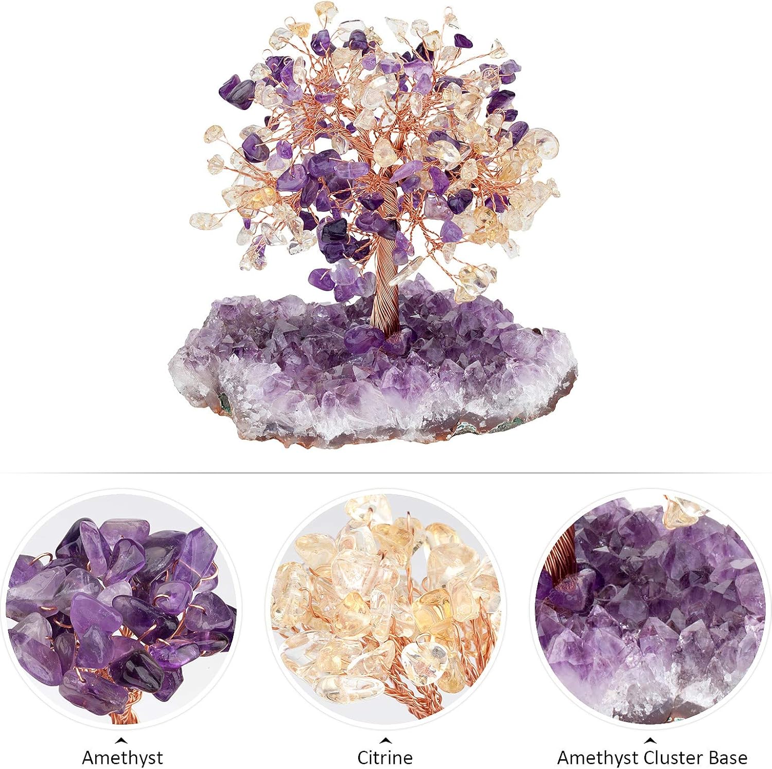 KYEYGWO Amethyst & Citrine Reiki Heilung Kristallbaum auf Natürlichen Amethyst Drusensegment Rohstück Base, Stein Geldbaum Feng Shui Bonsai Baum Figuren Ornament Haus Deko für Glück, Reichtum