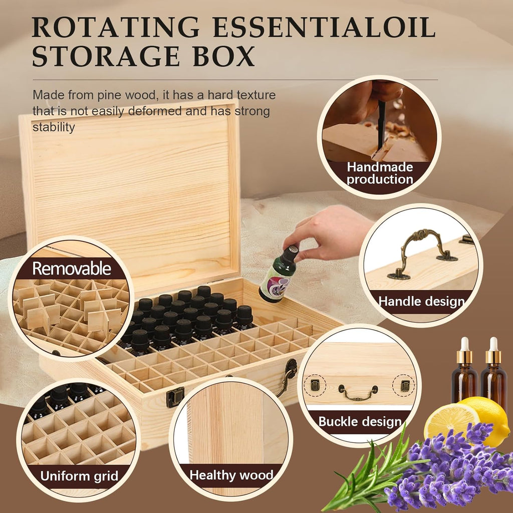 80 Löcher Ätherisches Öl Halter Regal aus Holz Aufbewahrungsbox Drehbarer Präsentationsständer Display Box Organisator, Tragbar Holz Aromatherapie Ätherische Öle Flaschen Koffer mit Deckel