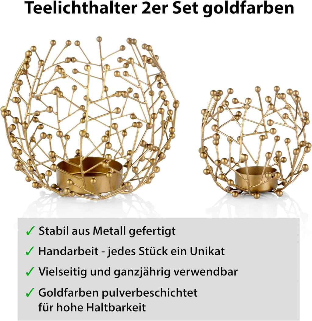 Teelichthalter Metall goldfarben 2er Set - 9,5 und 14 cm hoch - ideale Tischdeko Wohnzimmer Deko modern - Deko Fensterbank - Dekoration Wohnung modern - Kerzen Deko Set