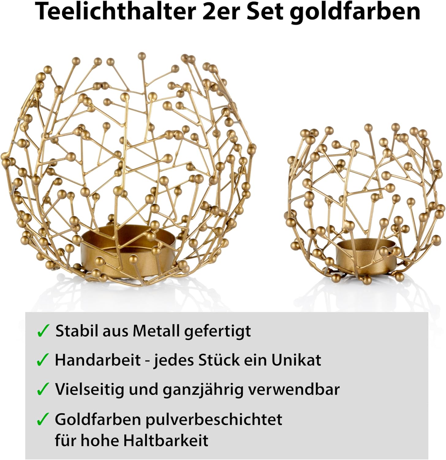 Teelichthalter Metall goldfarben 2er Set - 9,5 und 14 cm hoch - ideale Tischdeko Wohnzimmer Deko modern - Deko Fensterbank - Dekoration Wohnung modern - Kerzen Deko Set