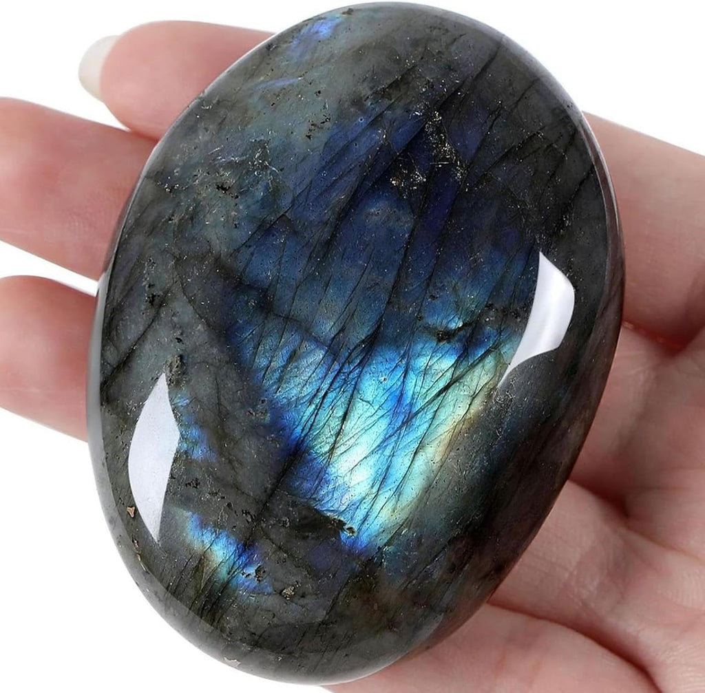 QINJIEJIE Groß Labradorit 2.4" Ovale Mondstein Kristalle Natürliche Edelstein Sorgensteine Handschmeichler Stein Polierte Reiki Steine Spirituelle Geschenke 1PC