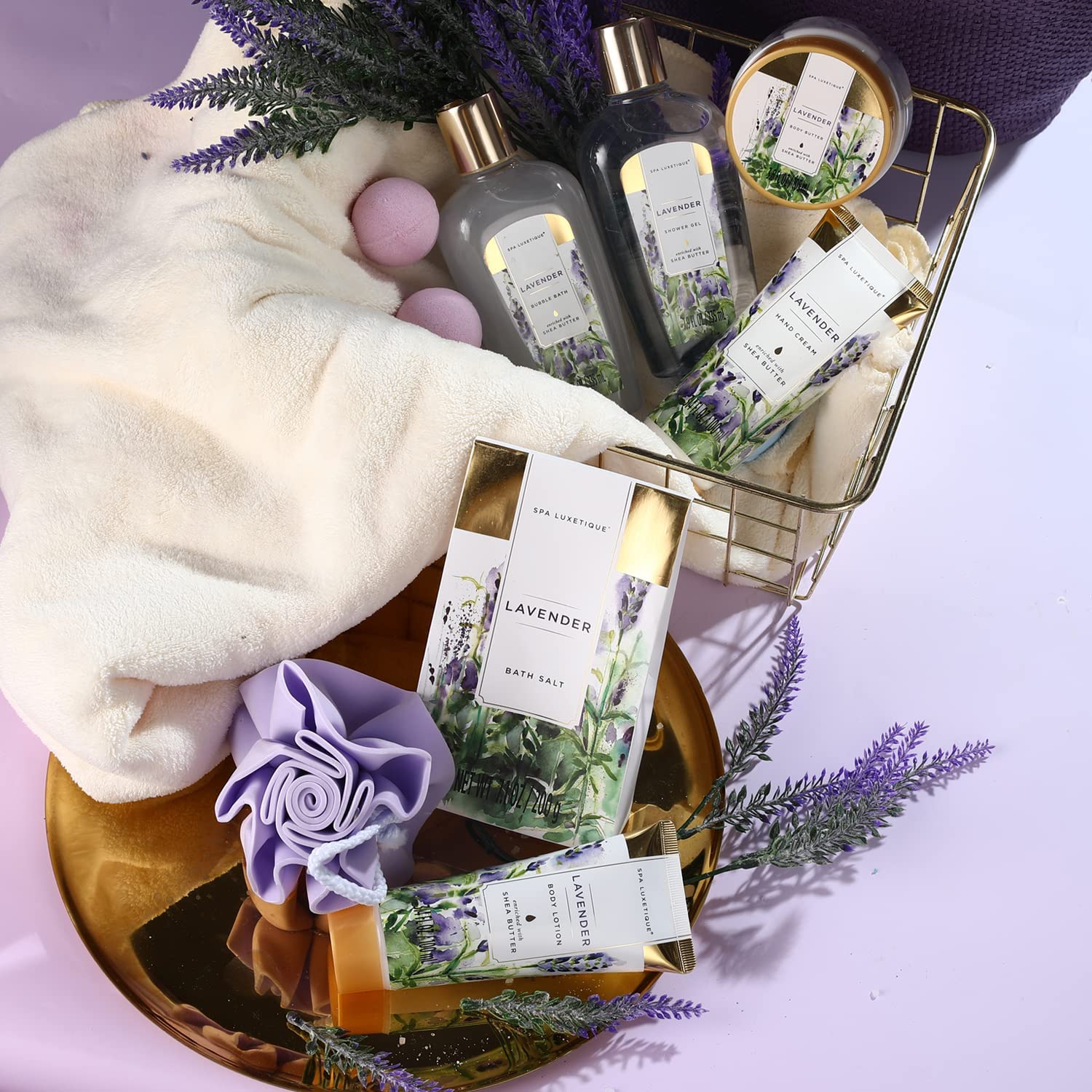 SPA LUXETIQUE Damen Bade Geschenkset - 10tlg. Lavender Duft Geburtstaggeschenk Wellness set für Frauen Handcreme, Duschgel, Schaumbad, Bodylotion, Badesalz, Badeschwamm, Muttertagsgeschenk