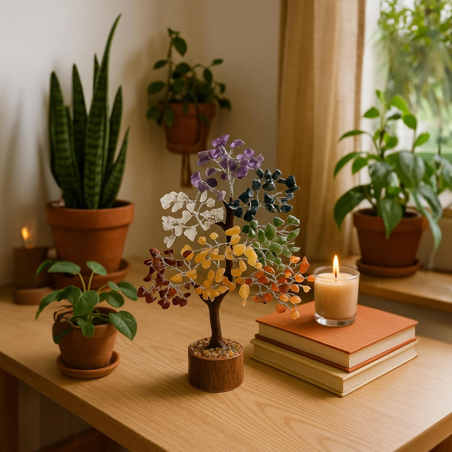 Edelsteinbaum - Kristallbaum Glücksbaum mit Echten Steinen - 7 Chakra Baum für Energieausgleich, Harmonischer Heilstein Baum, Deko Edelstein Baum für Meditation und Heilung - Steinbaum