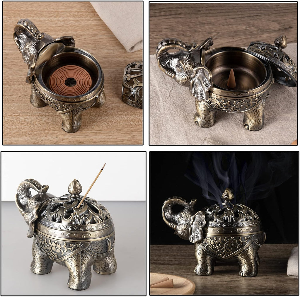 Feyarl Räuchergefäß Vintage Räucher- Elefant Metall Weihrauchbrenner Räucherstäbchenhalter mit Deckel für Hause Büro Yoga Dekoration