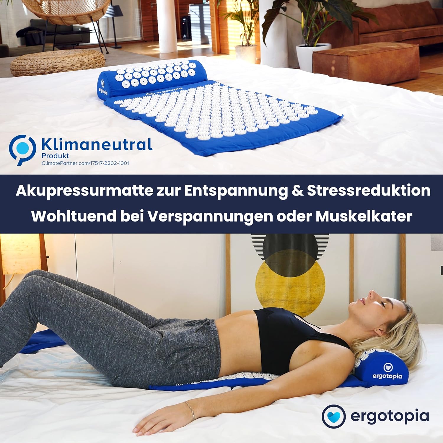 Ergotopia Akupressurmatte zur wohltuenden Entspannung/Massagematte für ruhige Momente und bessere Durchblutung/Inklusive Akupressurkissen
