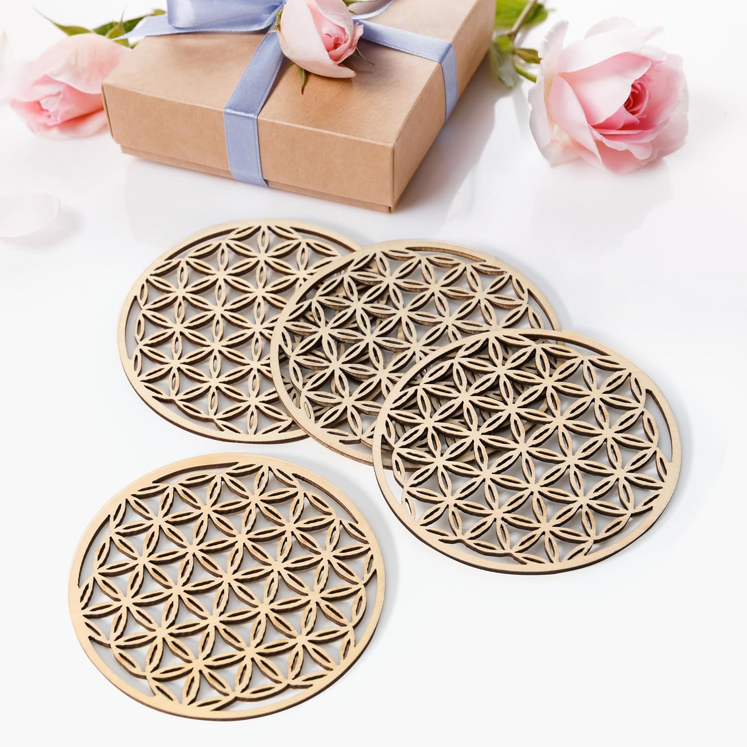 Cheerhom Set of 4 Flower of Life Wooden Coasters Round Coasters Glasses for Drinks Bar Cups Glass 10cm