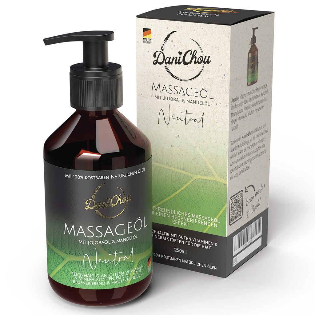 DaniChou Massage Oil Warming 250 ml - With Soy Oil & Almond Oil - Direct Warming, Relaxing Feeling - 100% Natural Cosmetics & Essential Oils - Massage Oil with Camphor - For Intense Relaxation