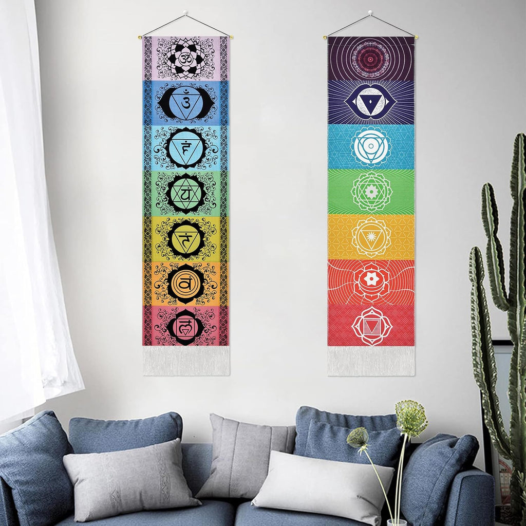 Yugarlibi Set of 2 Chakra Wall Hangings, Meditation Yoga Trippy Tapestry with Tassel, Mandala Tapestry, Wall Hangings for Bedroom, Living Room, Black and White Chakra 130 x 32.5 cm