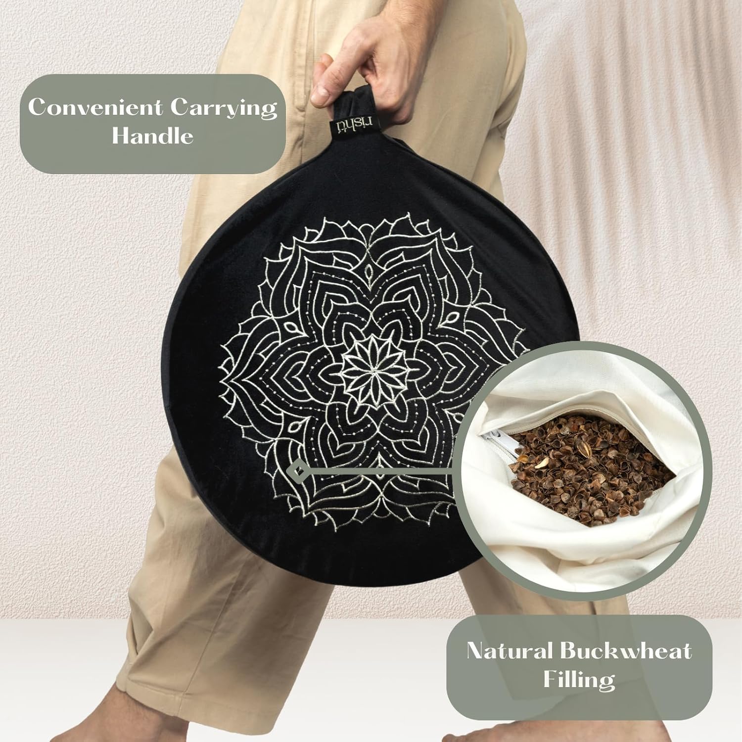 Black Velvet Embroidered Meditation Cushion - Buckwheat Filled with Lavender and Removable Foam Pad - Ideal for Yoga, Stress Relief, Mindfulness, and Holistic Living