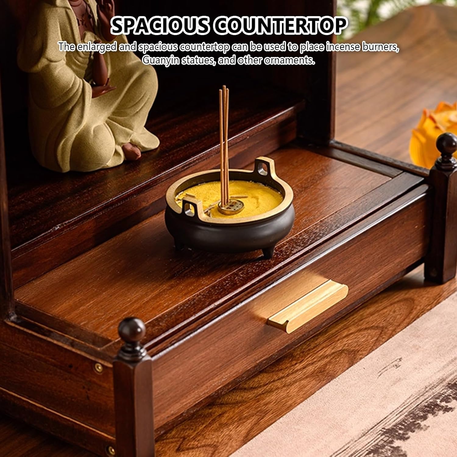 Vintage Altarschränke für Schreibtische, buddhistische Altartische für Kirchen mit ausziehbarem Regal, Opfer- und Meditationsschreine, Buddha-Statuentische für Zuhause, für Tempel.